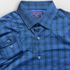 UNTUCKit Shirt Mens Medium Blue Black Plaid Slim Fit Stretch Performance Nylon